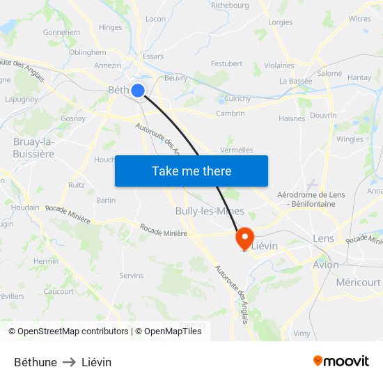 Béthune to Liévin map