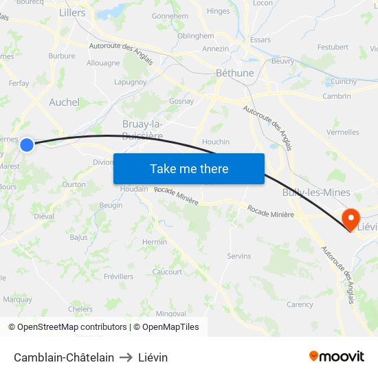 Camblain-Châtelain to Liévin map