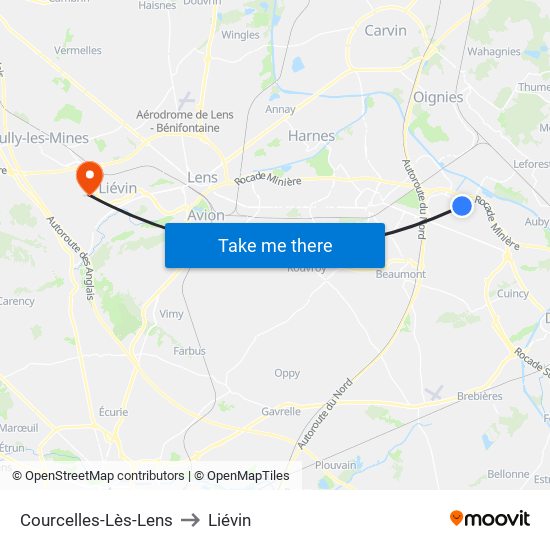 Courcelles-Lès-Lens to Liévin map