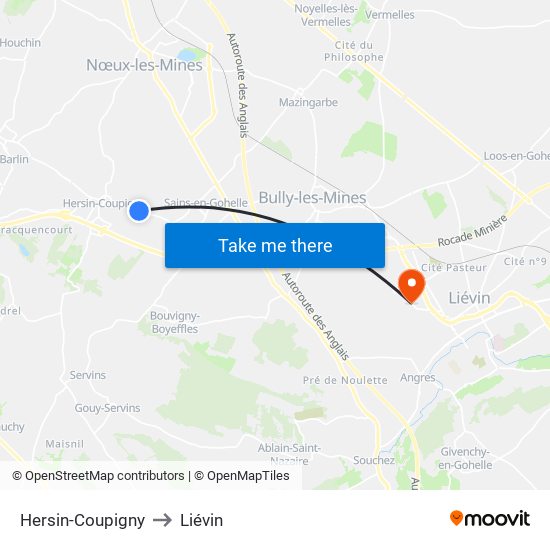 Hersin-Coupigny to Liévin map