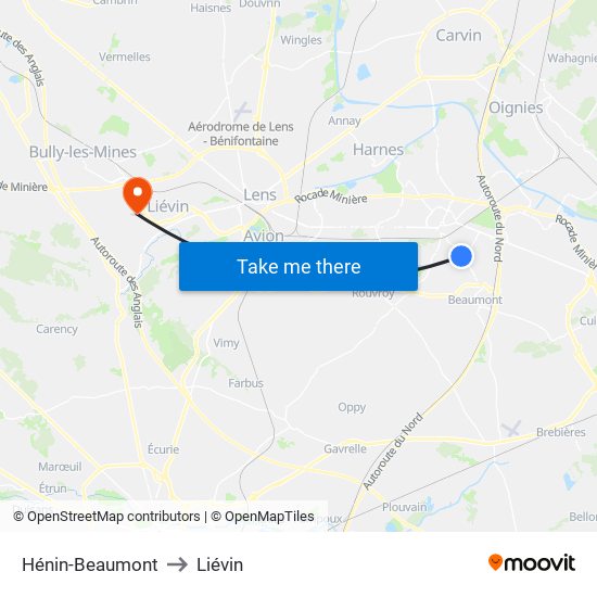 Hénin-Beaumont to Liévin map