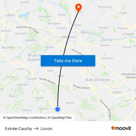 Estrée-Cauchy to Locon map