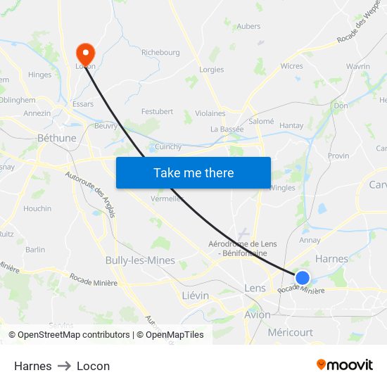 Harnes to Locon map