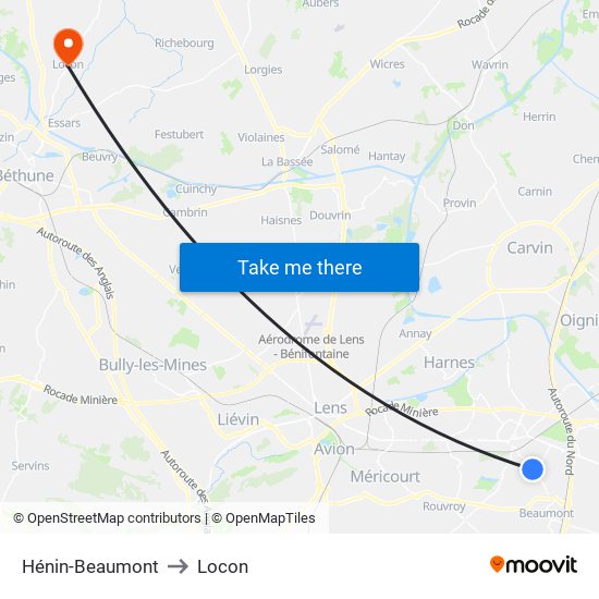 Hénin-Beaumont to Locon map