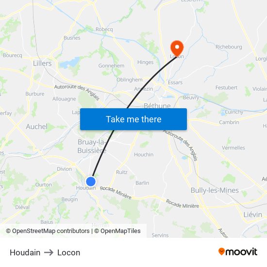Houdain to Locon map