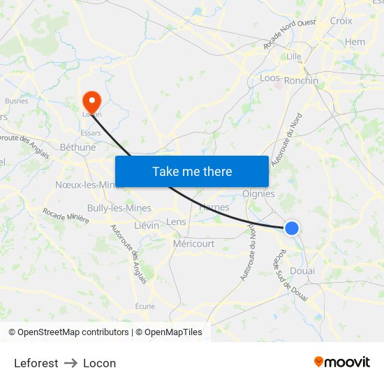 Leforest to Locon map