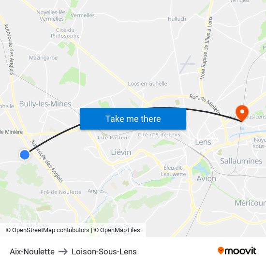 Aix-Noulette to Loison-Sous-Lens map