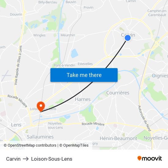 Carvin to Loison-Sous-Lens map