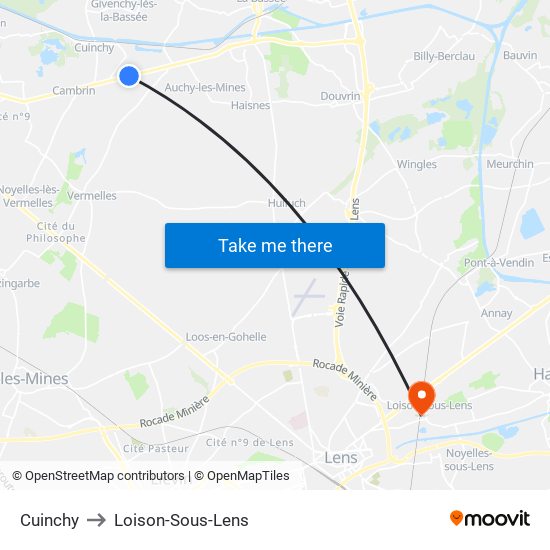 Cuinchy to Loison-Sous-Lens map