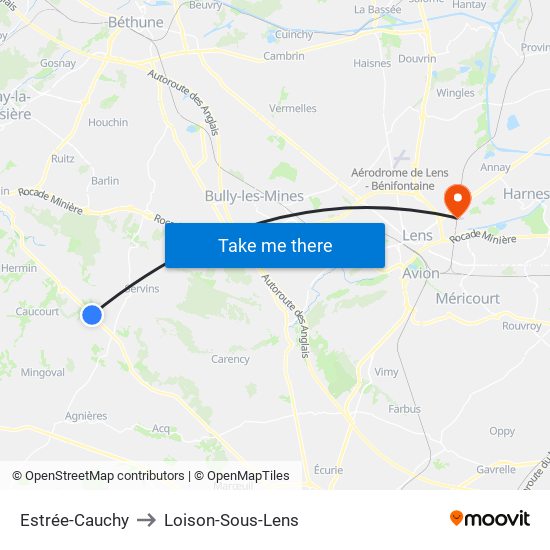 Estrée-Cauchy to Loison-Sous-Lens map