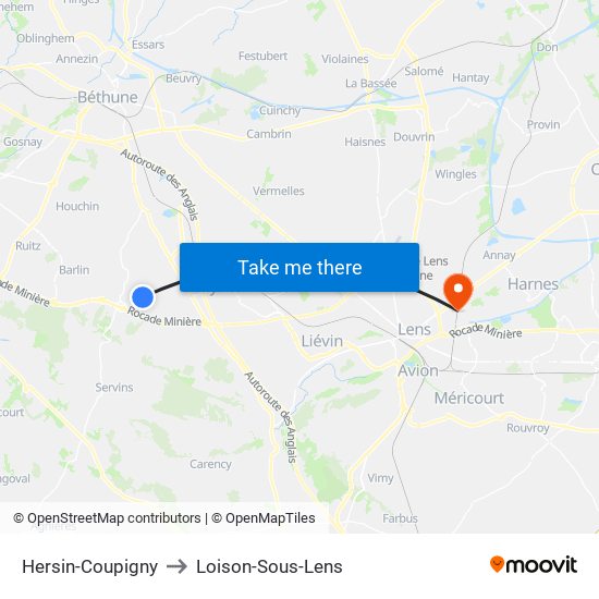 Hersin-Coupigny to Loison-Sous-Lens map