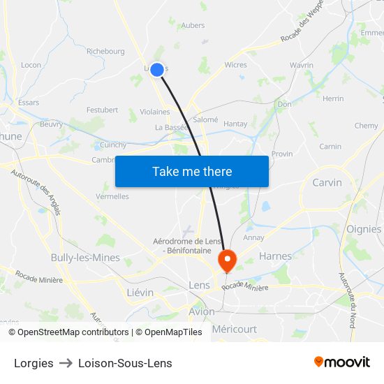 Lorgies to Loison-Sous-Lens map