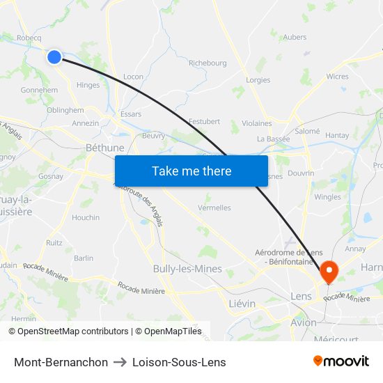 Mont-Bernanchon to Loison-Sous-Lens map