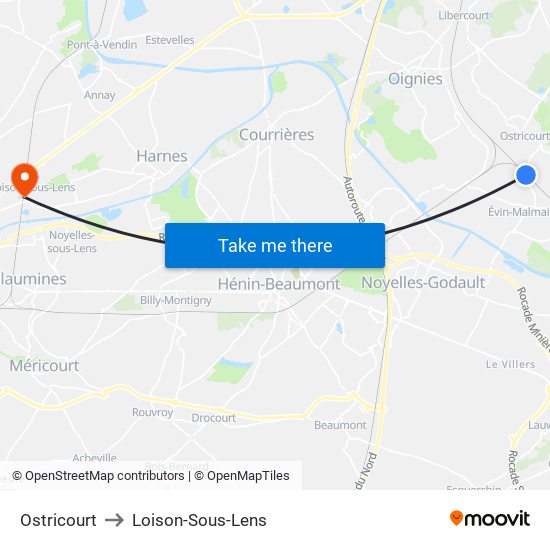 Ostricourt to Loison-Sous-Lens map