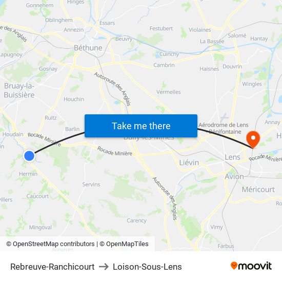 Rebreuve-Ranchicourt to Loison-Sous-Lens map