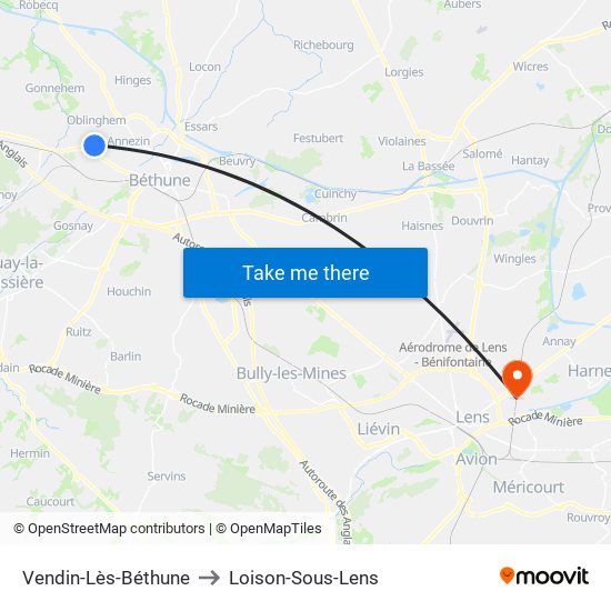 Vendin-Lès-Béthune to Loison-Sous-Lens map