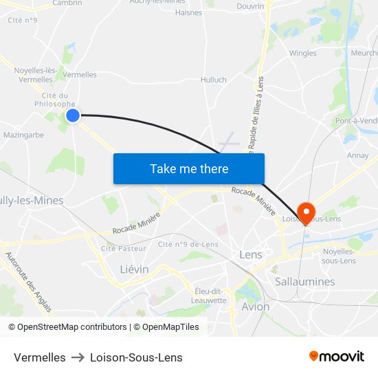 Vermelles to Loison-Sous-Lens map