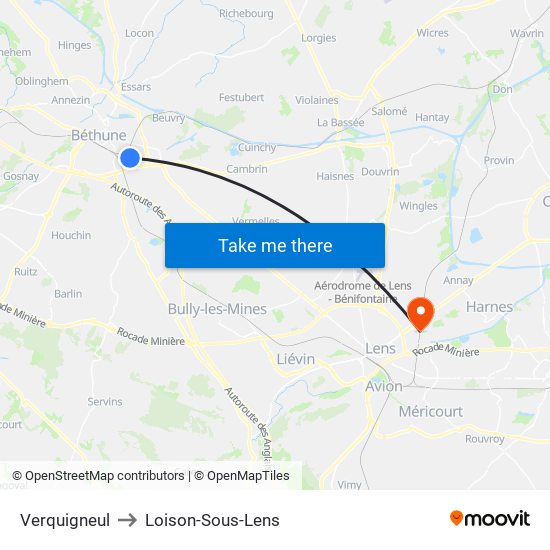 Verquigneul to Loison-Sous-Lens map