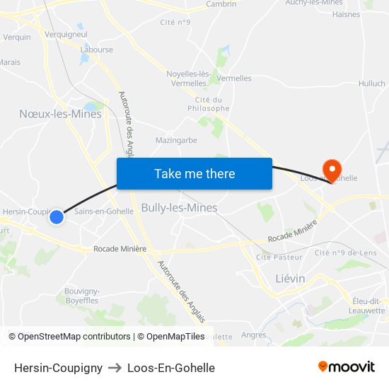 Hersin-Coupigny to Loos-En-Gohelle map
