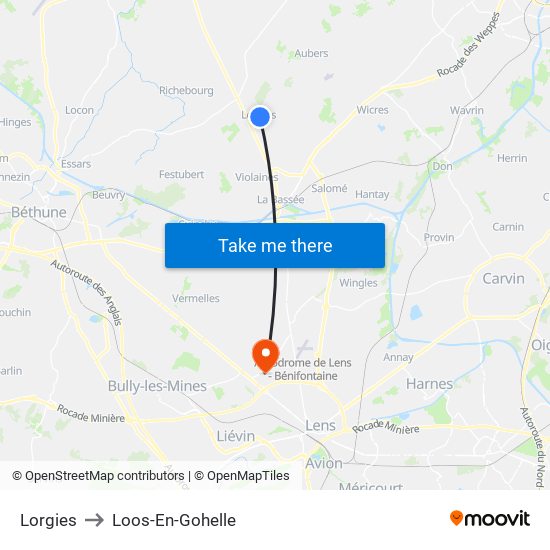 Lorgies to Loos-En-Gohelle map