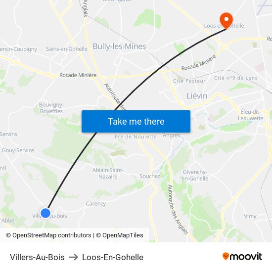 Villers-Au-Bois to Loos-En-Gohelle map