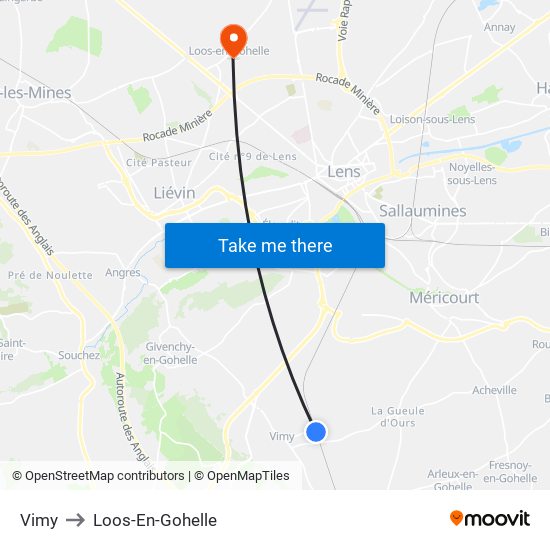 Vimy to Loos-En-Gohelle map