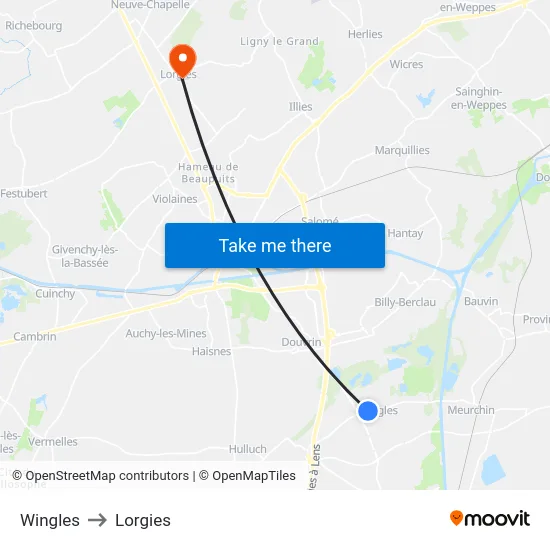 Wingles to Lorgies map