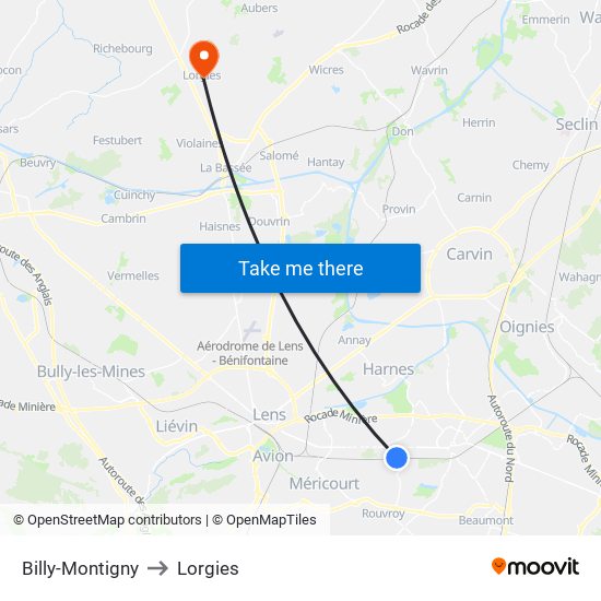 Billy-Montigny to Lorgies map