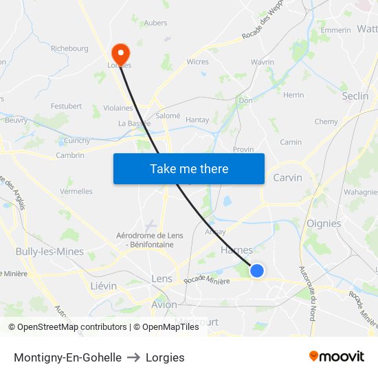 Montigny-En-Gohelle to Lorgies map