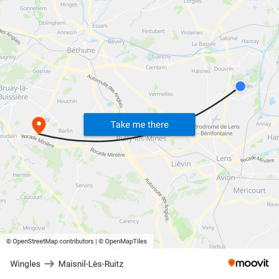 Wingles to Maisnil-Lès-Ruitz map