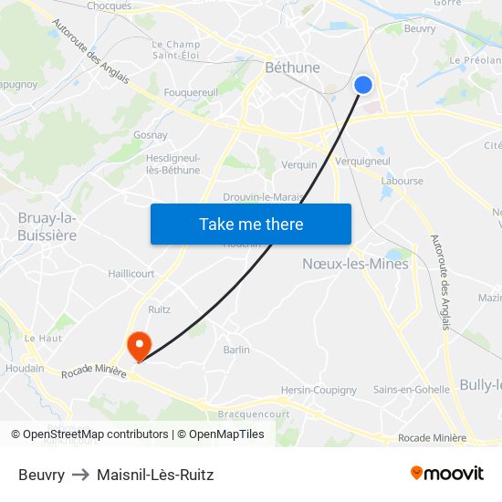 Beuvry to Maisnil-Lès-Ruitz map