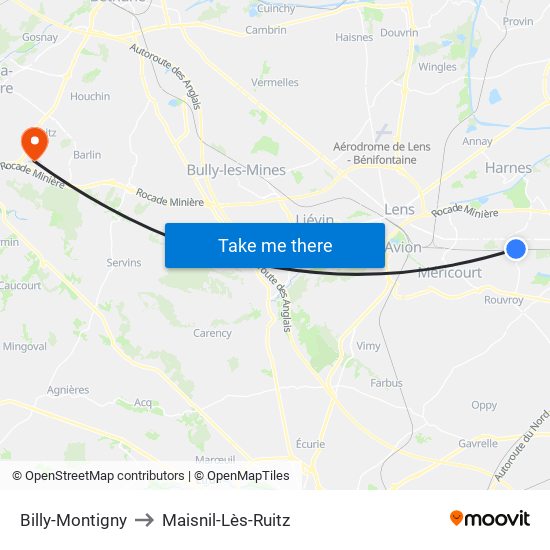 Billy-Montigny to Maisnil-Lès-Ruitz map