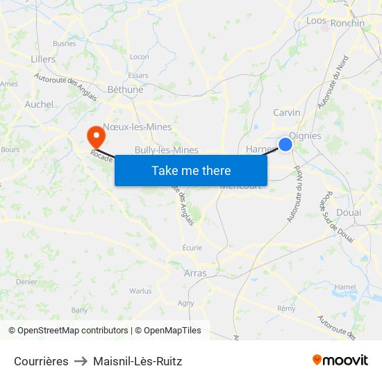 Courrières to Maisnil-Lès-Ruitz map