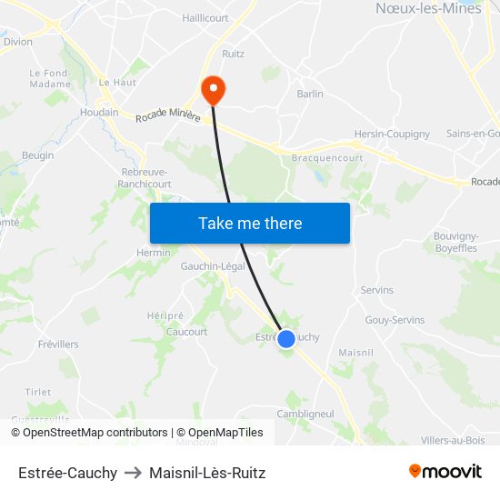 Estrée-Cauchy to Maisnil-Lès-Ruitz map