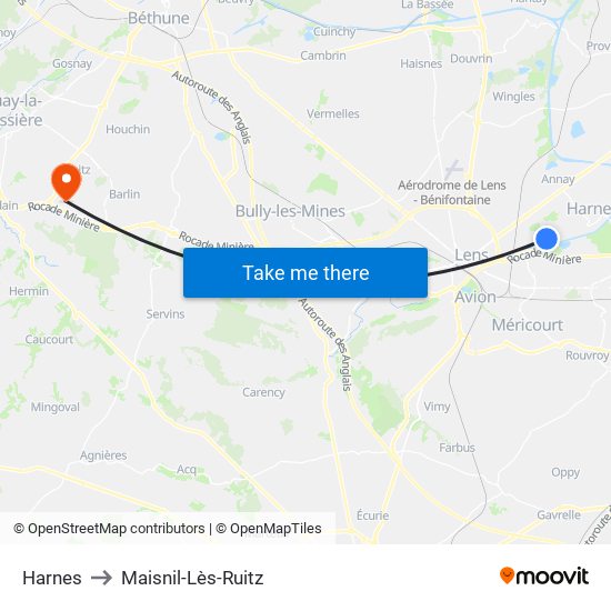Harnes to Maisnil-Lès-Ruitz map