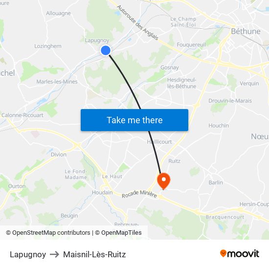 Lapugnoy to Maisnil-Lès-Ruitz map