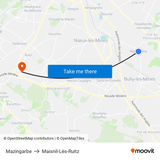 Mazingarbe to Maisnil-Lès-Ruitz map