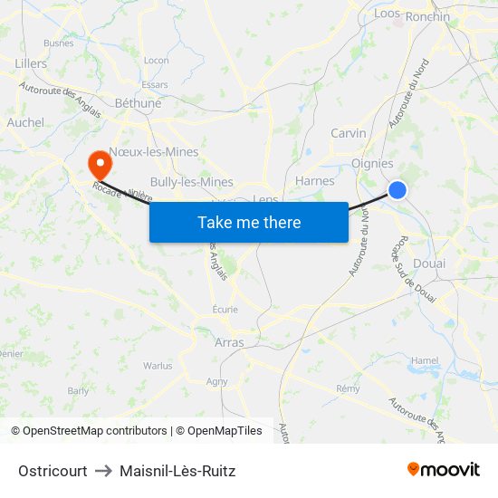 Ostricourt to Maisnil-Lès-Ruitz map