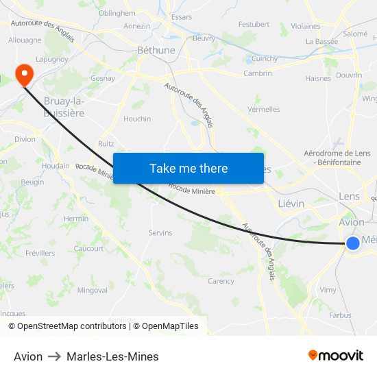 Avion to Marles-Les-Mines map