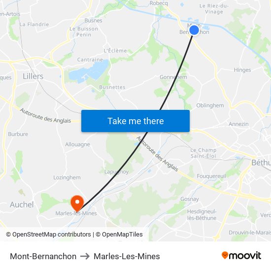 Mont-Bernanchon to Marles-Les-Mines map