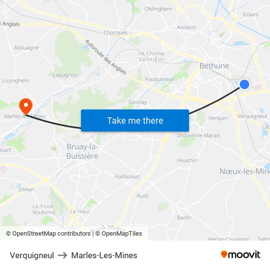 Verquigneul to Marles-Les-Mines map