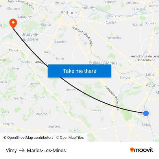 Vimy to Marles-Les-Mines map