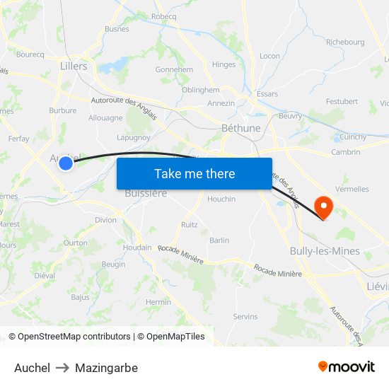 Auchel to Mazingarbe map