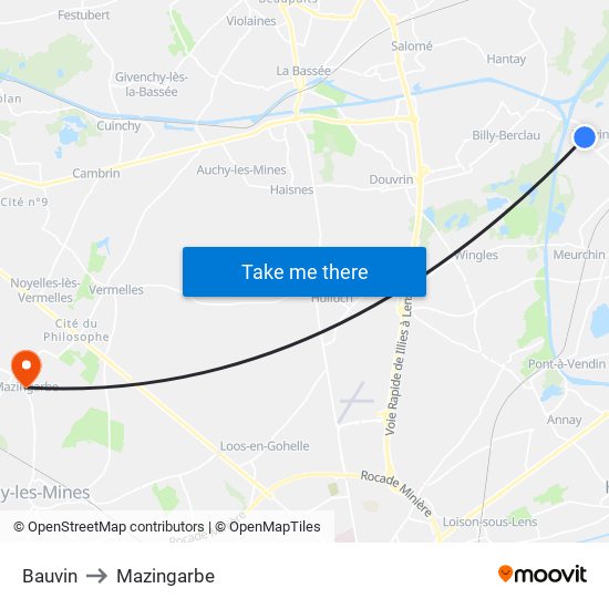 Bauvin to Mazingarbe map