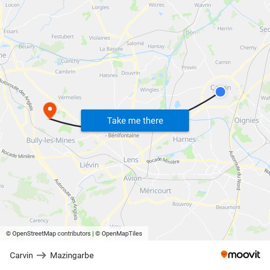Carvin to Mazingarbe map