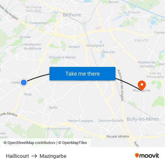 Haillicourt to Mazingarbe map