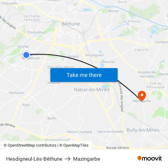 Hesdigneul-Lès-Béthune to Mazingarbe map