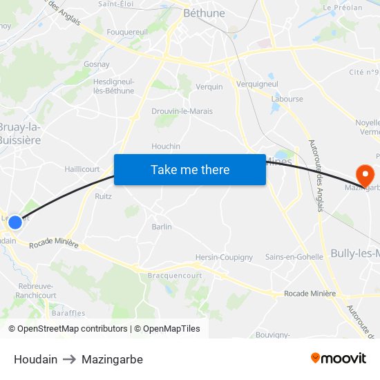 Houdain to Mazingarbe map