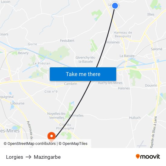 Lorgies to Mazingarbe map