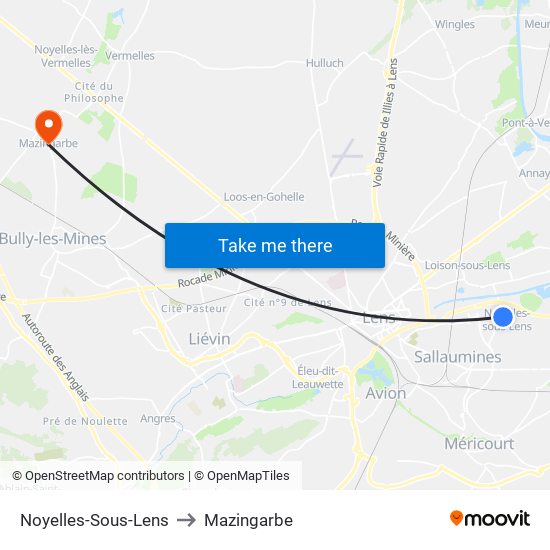 Noyelles-Sous-Lens to Mazingarbe map